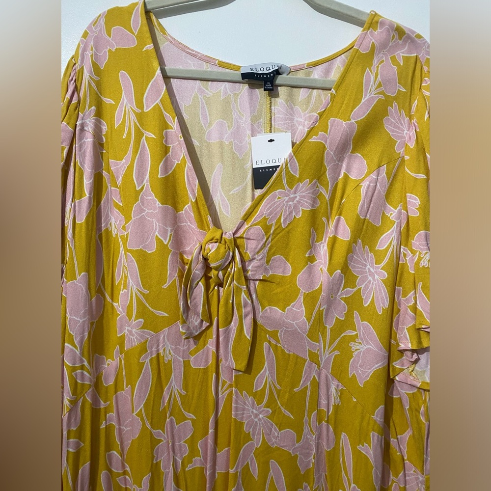 Eloquii Elements Flutter Sleeve Yellow Floral Midi Dress - Picture 3 of 6